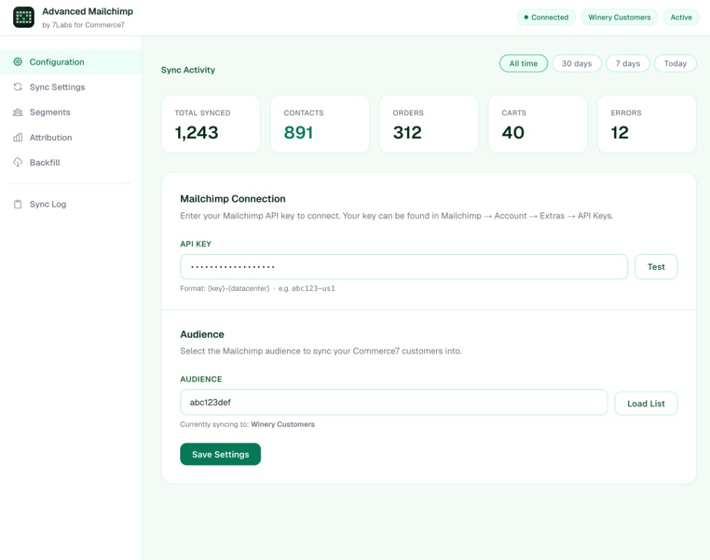 Configuration: Mailchimp API key, test connection, audience selection.